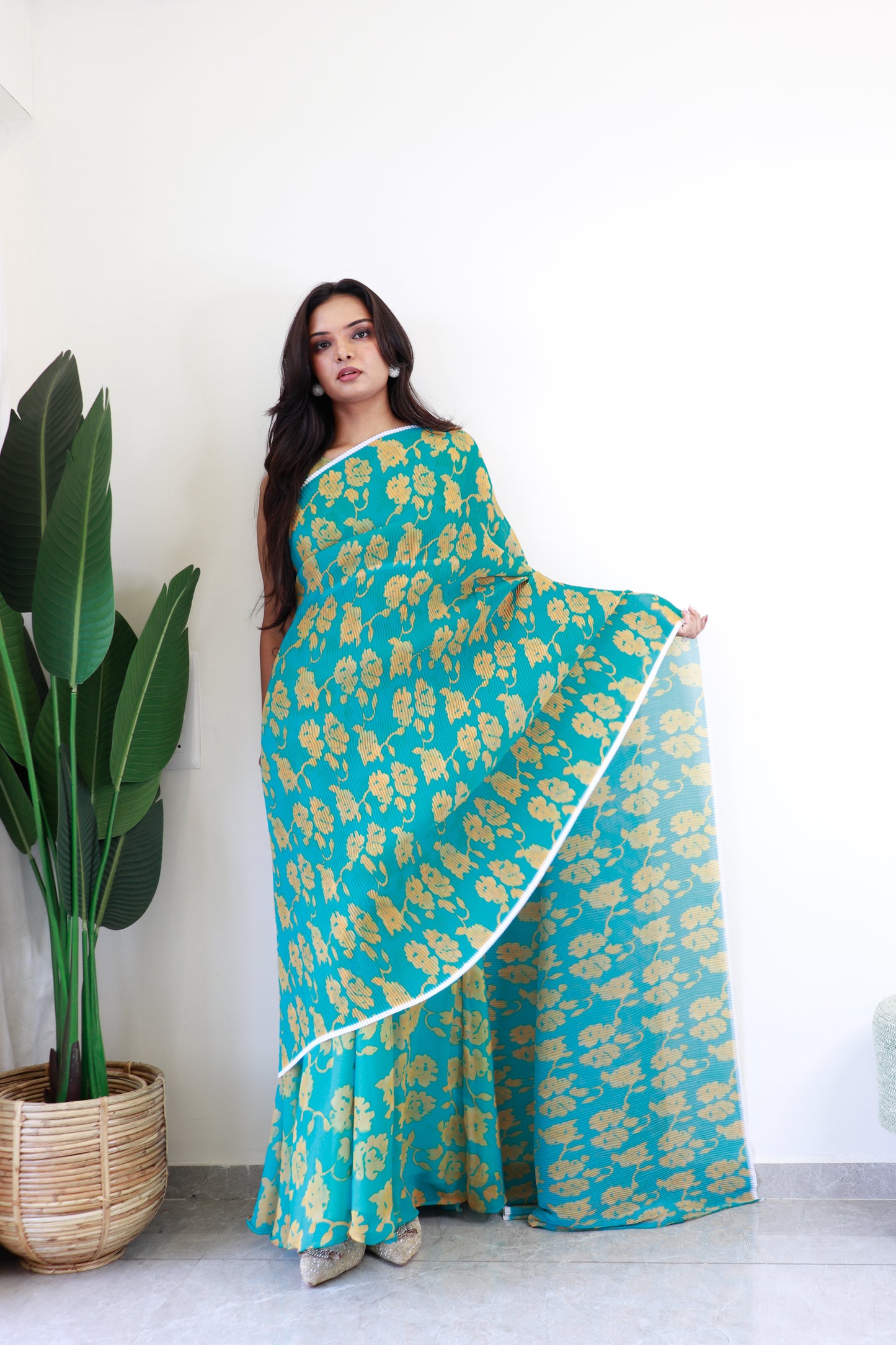 1   Min  Pre Draped Saree Gown Crush With Aqua Green Colour