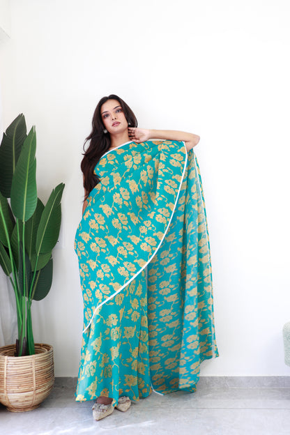 1   Min  Pre Draped Saree Gown Crush With Aqua Green Colour