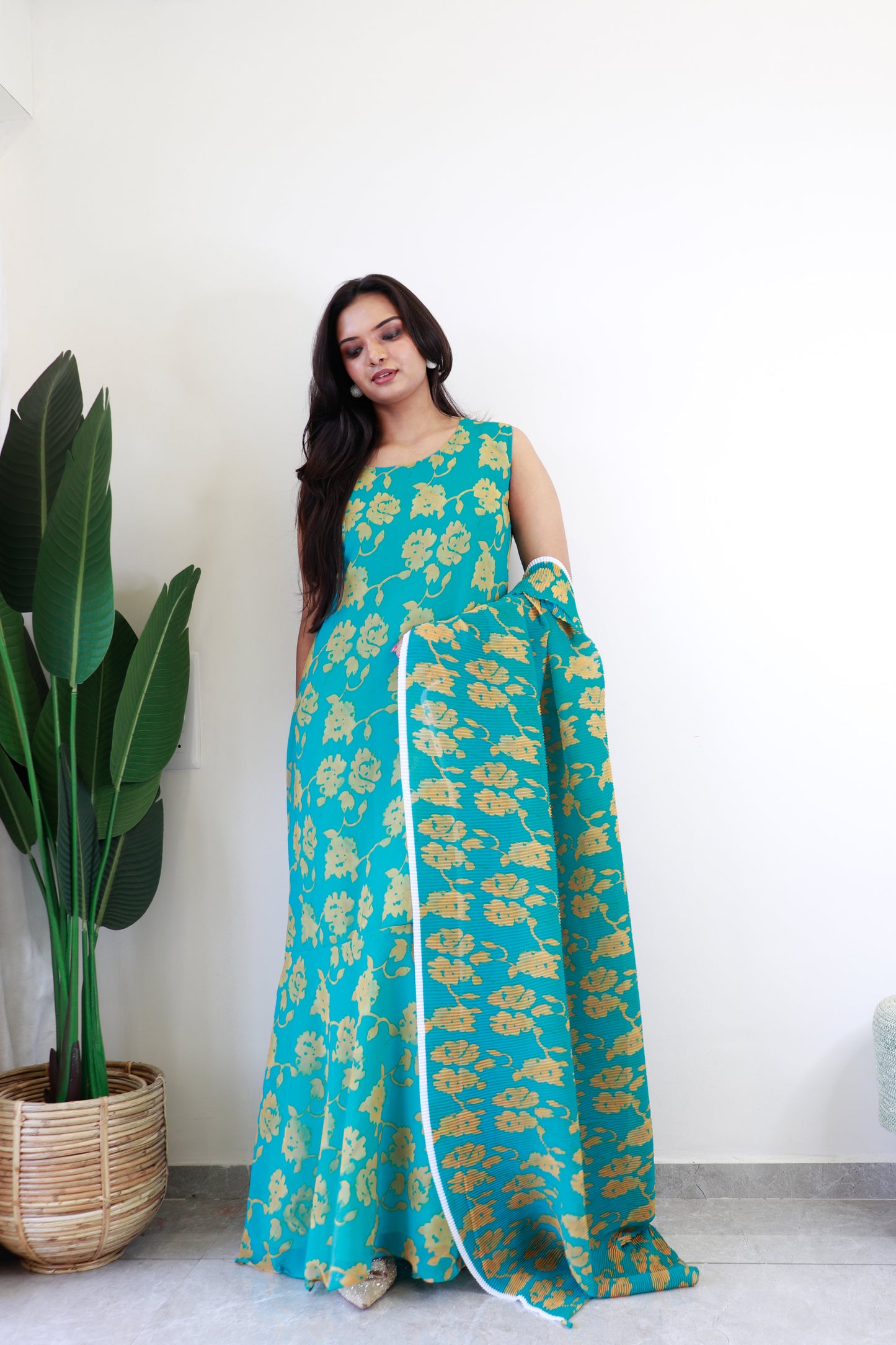 1   Min  Pre Draped Saree Gown Crush With Aqua Green Colour