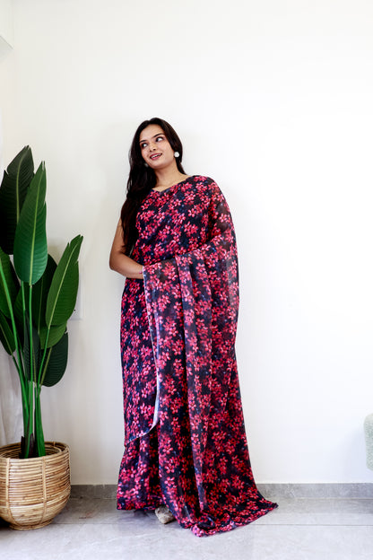 1   Min  Pre Draped Saree Gown Dark Pink Flowers Design