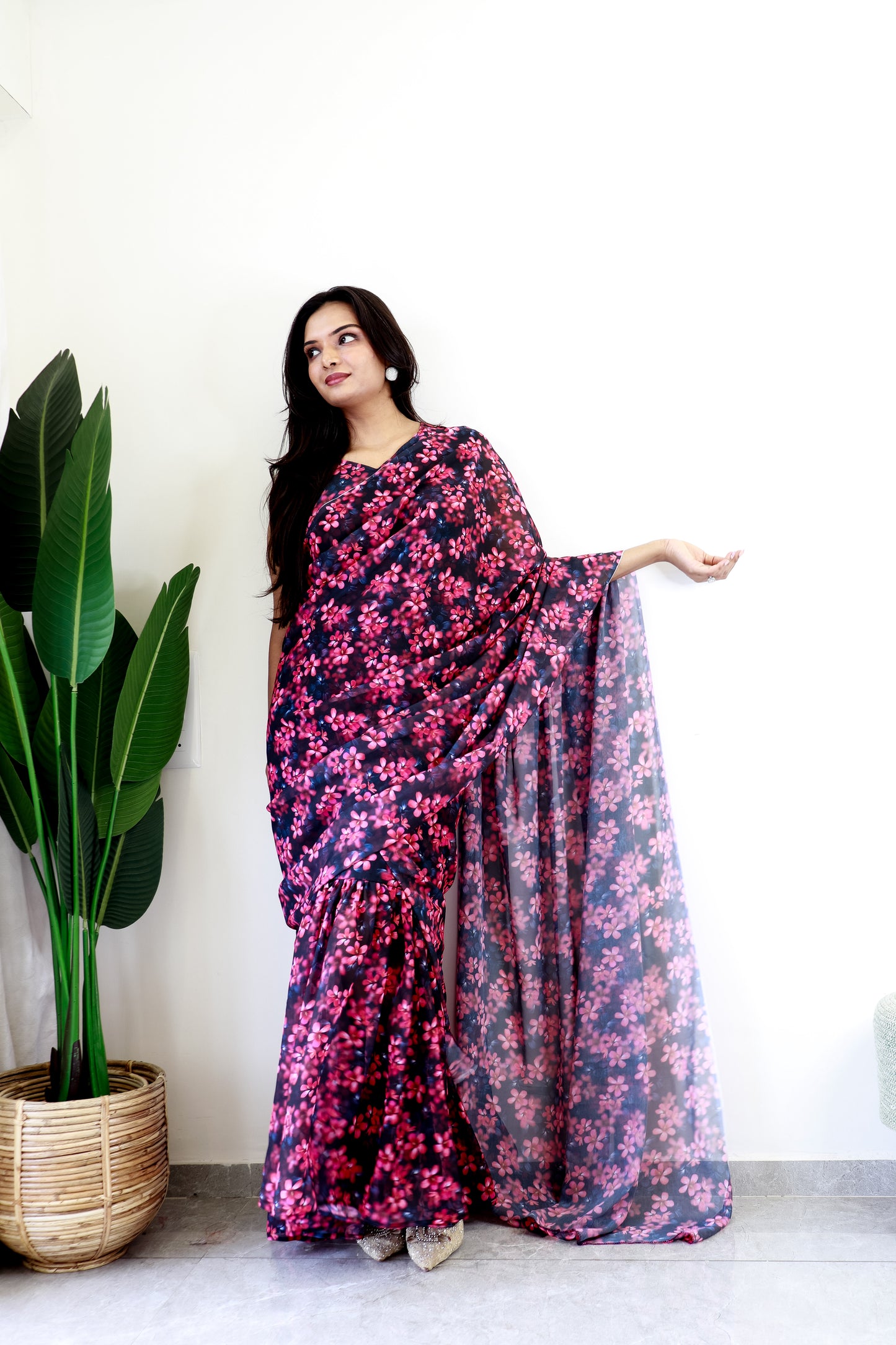 1   Min  Pre Draped Saree Gown Dark Pink Flowers Design