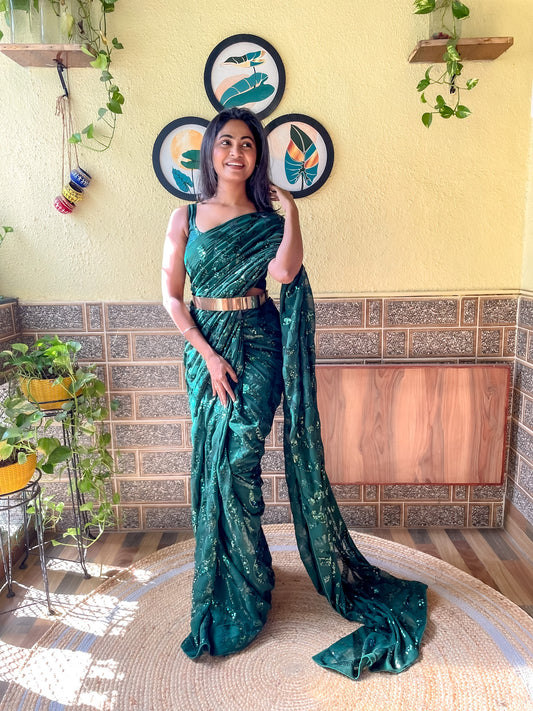 1  Min  Ready To Wear A Green Georgette With Dual Seqwance Work Saree With Blouse Piece