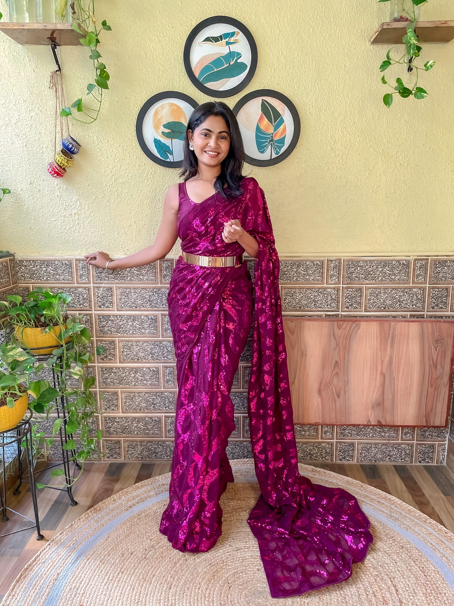 1  Min  Ready To Wear A Wine Georgette With Dual Seqwance Work Saree With Blouse Piece