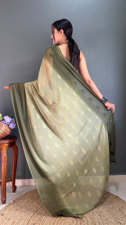 1  Min   Ready  To Wear A Mahendi Padding Butta Saree With Blouse Piece