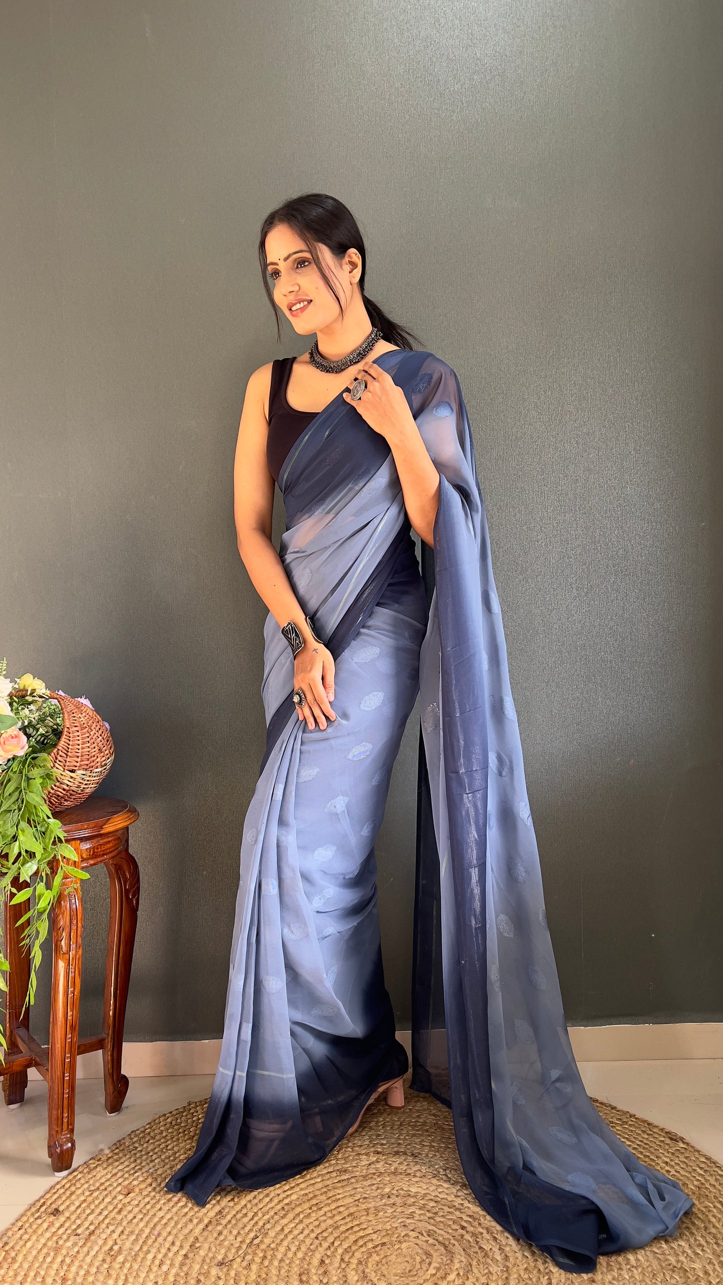 1  Min   Ready  To Wear A Blue Padding Butta Saree With Blouse Piece