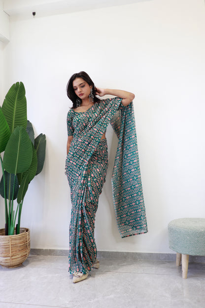 1   Min  Ready To Wear A Green Digital Print Saree With Blouse Piece