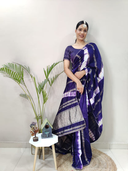 1 Min Ready To Wear Blue Chanderi Silk  Saree With Blouse Piece