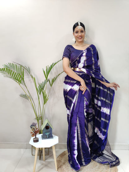 1 Min Ready To Wear Blue Chanderi Silk  Saree With Blouse Piece