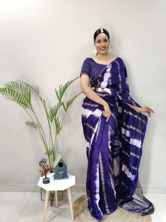 1 Min Ready To Wear Blue Chanderi Silk  Saree With Blouse Piece