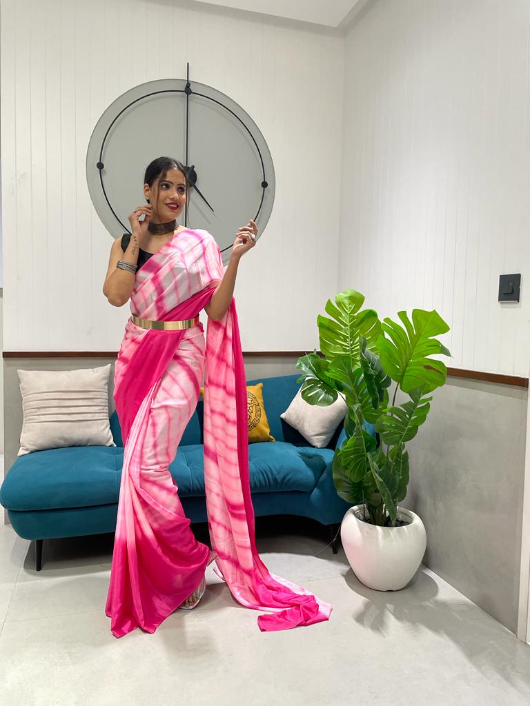 1 Min Ready To Wear A Pink Chinon Silk Saree With Blouse Piece