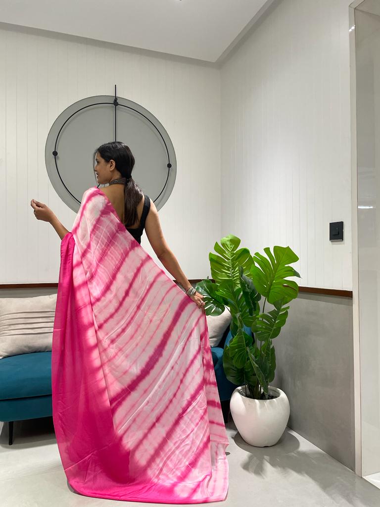 1 Min Ready To Wear A Pink Chinon Silk Saree With Blouse Piece