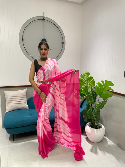 1 Min Ready To Wear A Pink Chinon Silk Saree With Blouse Piece