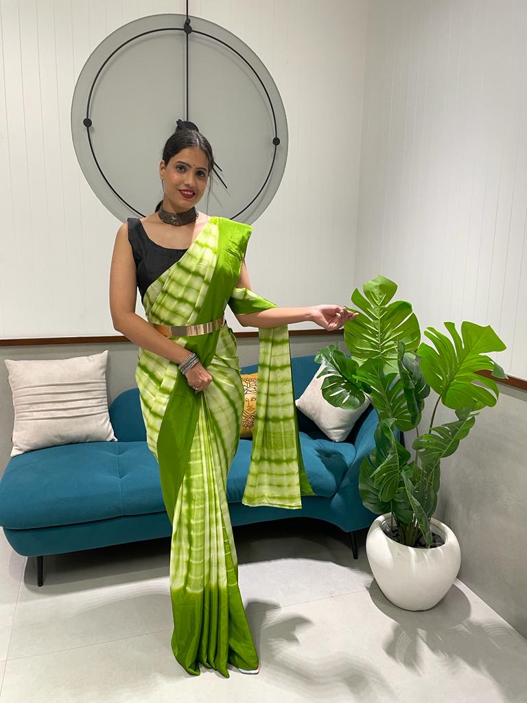 1 Min Ready To Wear A Parrot Chinon Silk Saree With Blouse Piece