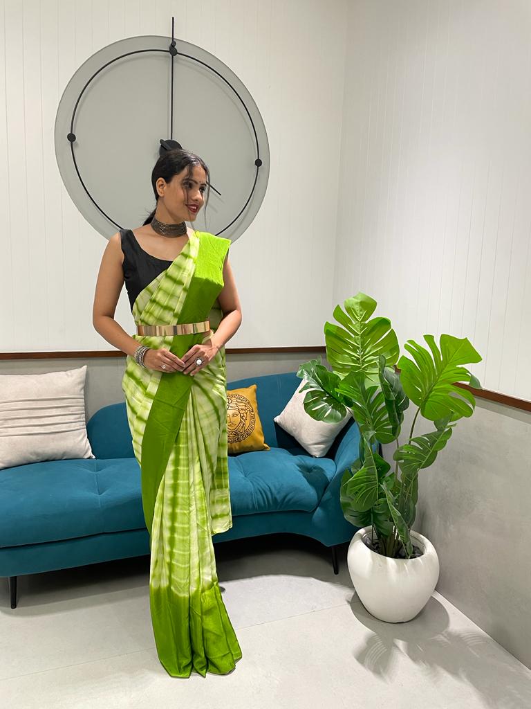 1 Min Ready To Wear A Parrot Chinon Silk Saree With Blouse Piece