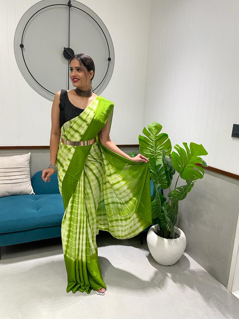 1 Min Ready To Wear A Parrot Chinon Silk Saree With Blouse Piece