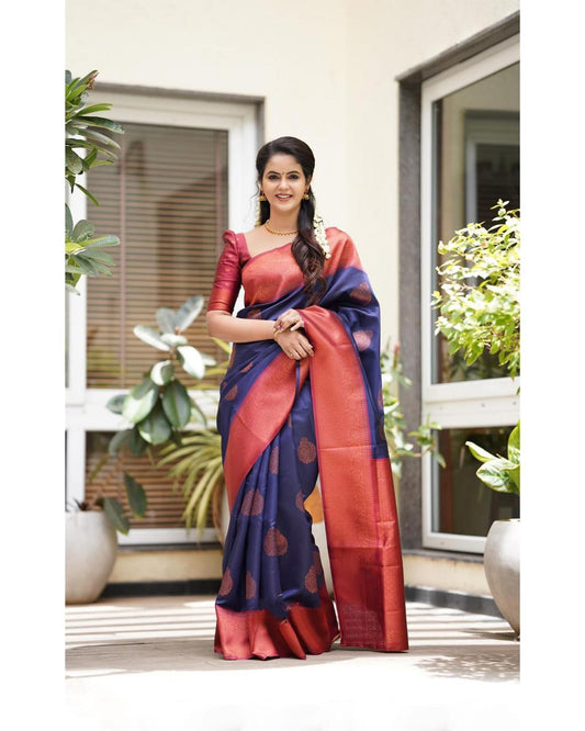 Daily Wear Banarasi Nevy Blue Silk Saree With Blouse Piece