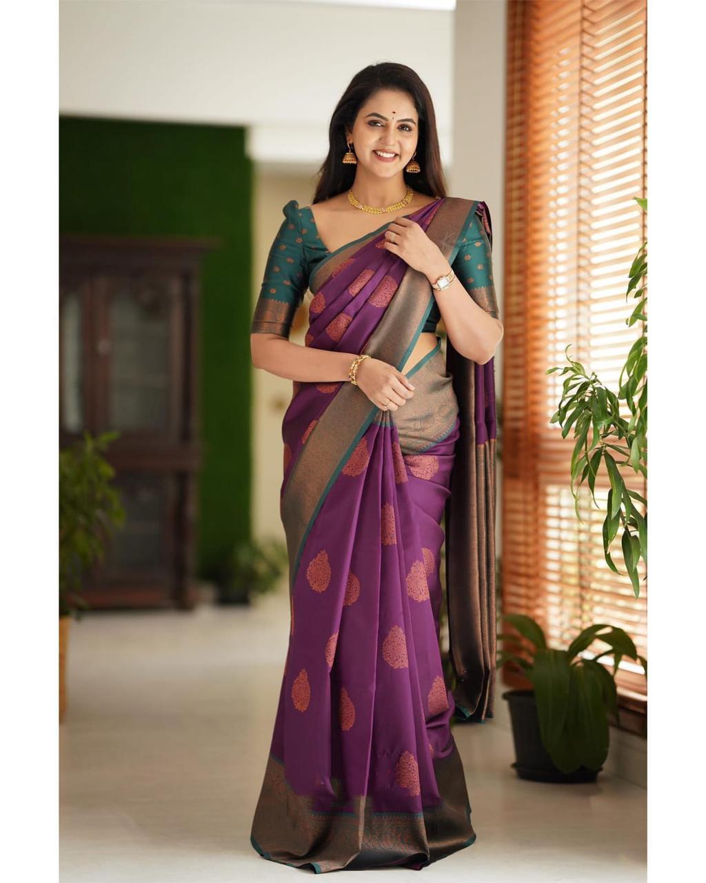 Daily Wear Banarasi Purple Silk Saree With Blouse Piece