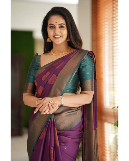 Daily Wear Banarasi Purple Silk Saree With Blouse Piece