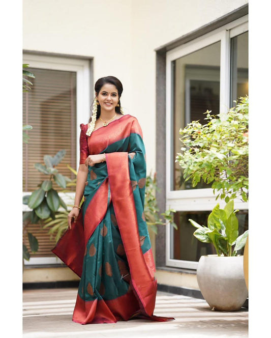 Daily Wear Banarasi Rama Silk Saree With Blouse Piece