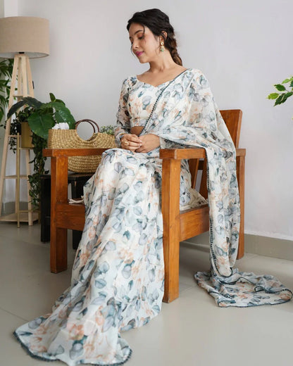 1 Min Ready To Wear Flower Digital Print Saree With Blouse Piece