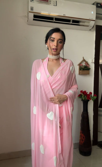 1 Min Ready To Wear Beautiful Baby Pink Saree With Blouse Piece