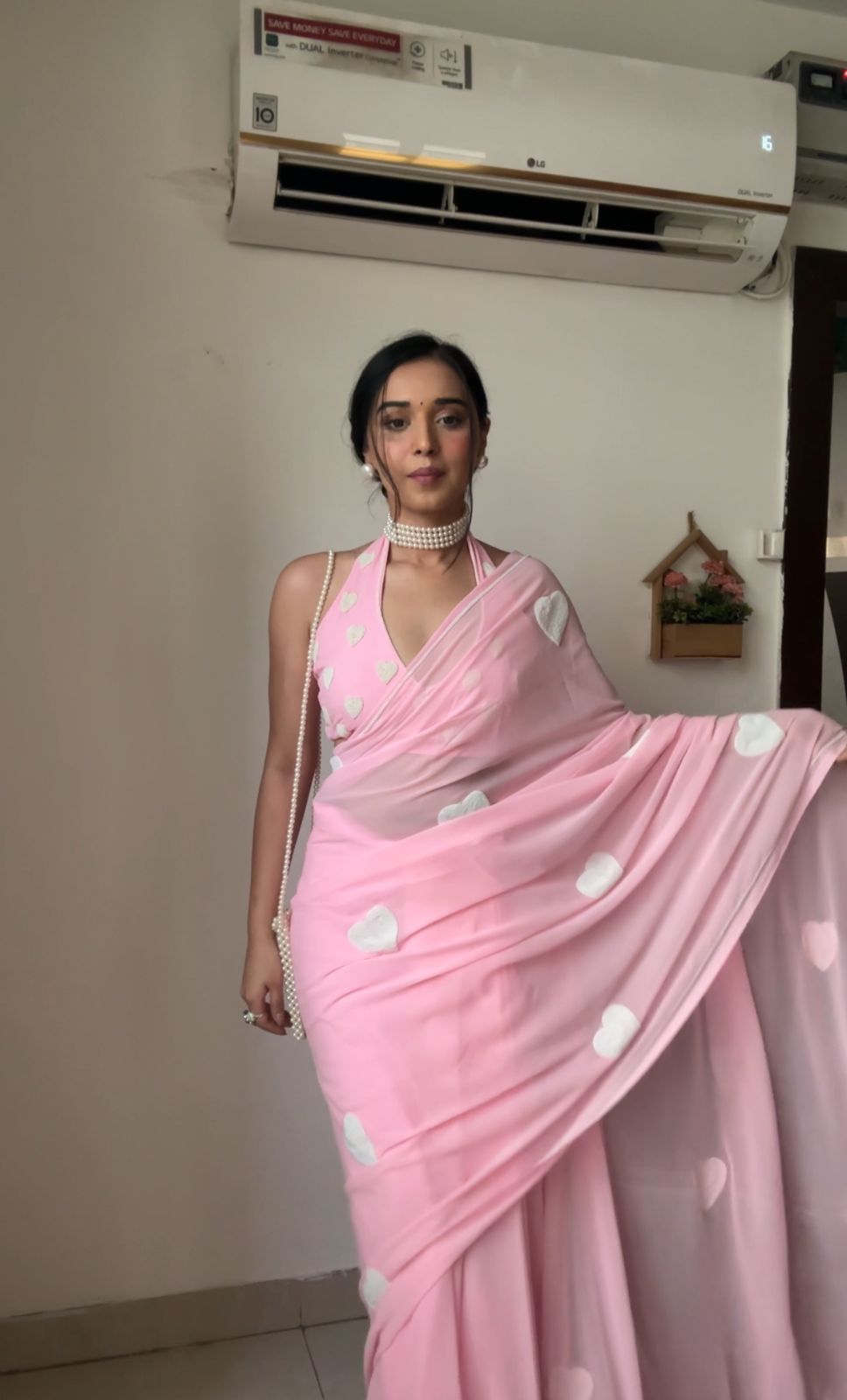 1 Min Ready To Wear Beautiful Baby Pink Saree With Blouse Piece