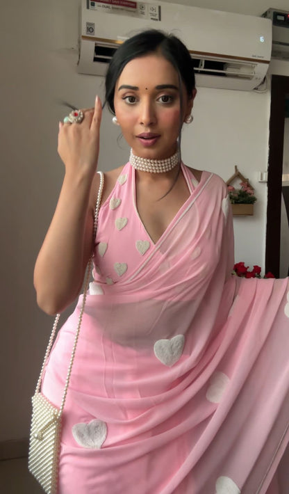 1 Min Ready To Wear Beautiful Baby Pink Saree With Blouse Piece