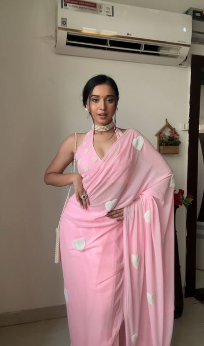 1 Min Ready To Wear Beautiful Baby Pink Saree With Blouse Piece