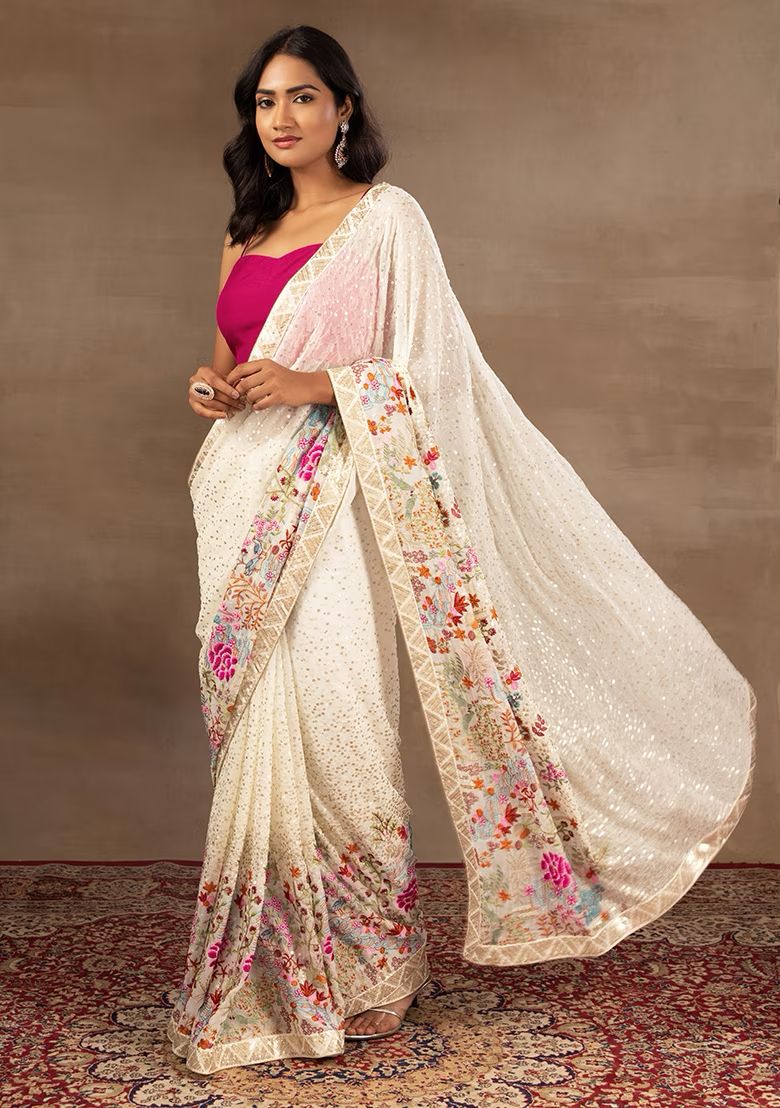 Adorning Cream Colour Seqwance And embroidery Work Saree With Blouse Piece