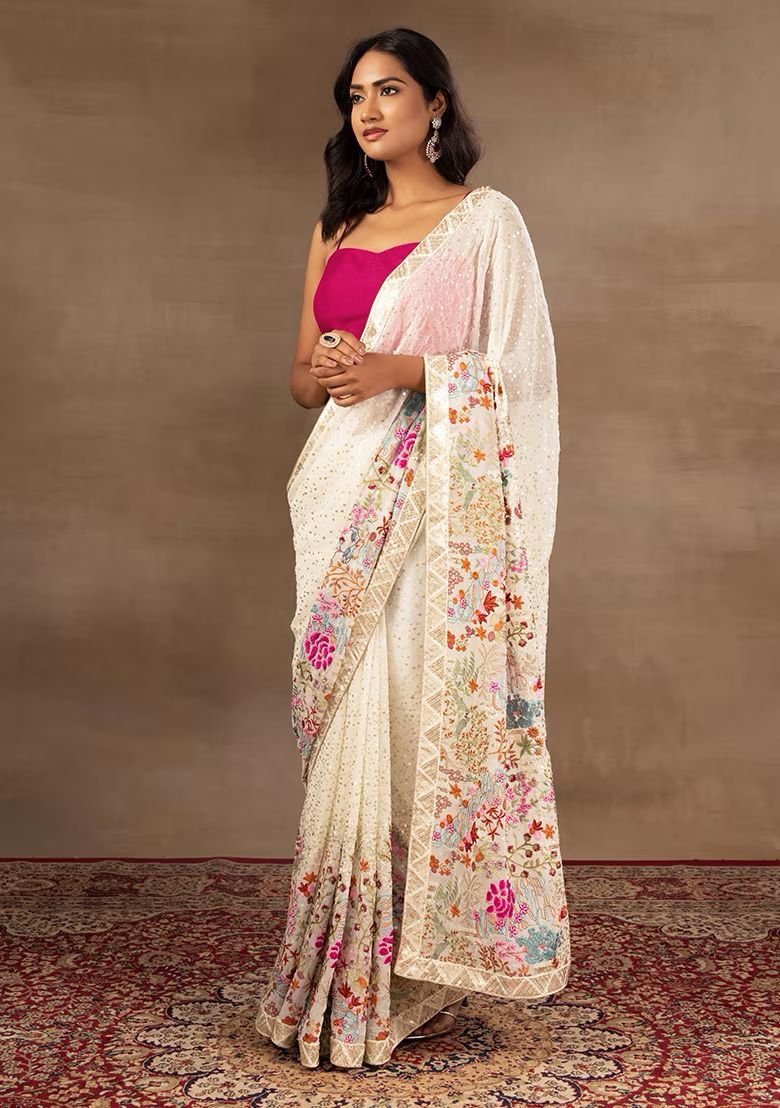 Adorning Cream Colour Seqwance And embroidery Work Saree With Blouse Piece