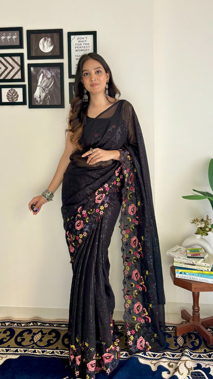 Fancy Black Multi Embroidery Thread And Seqwance Work Saree With Blouse Piece