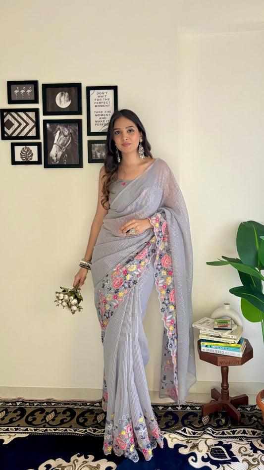 Fancy Grey Multi Embroidery Thread And Seqwance Work Saree With Blouse Piece