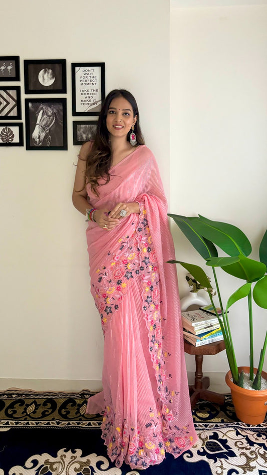 Fancy Pink Multi Embroidery Thread And Seqwance Work Saree With Blouse Piece