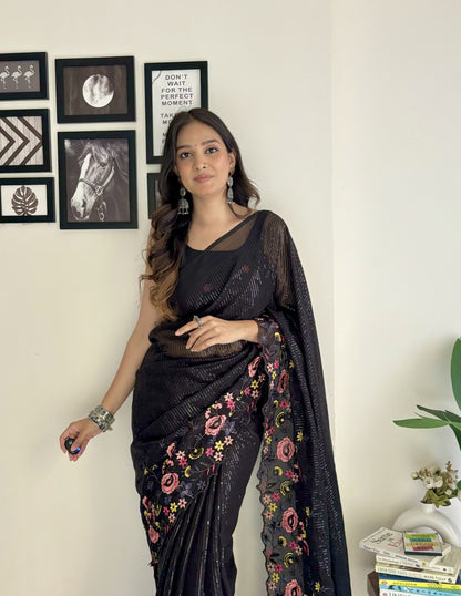 Fancy Black Multi Embroidery Thread And Seqwance Work Saree With Blouse Piece