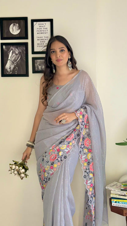 Fancy Grey Multi Embroidery Thread And Seqwance Work Saree With Blouse Piece