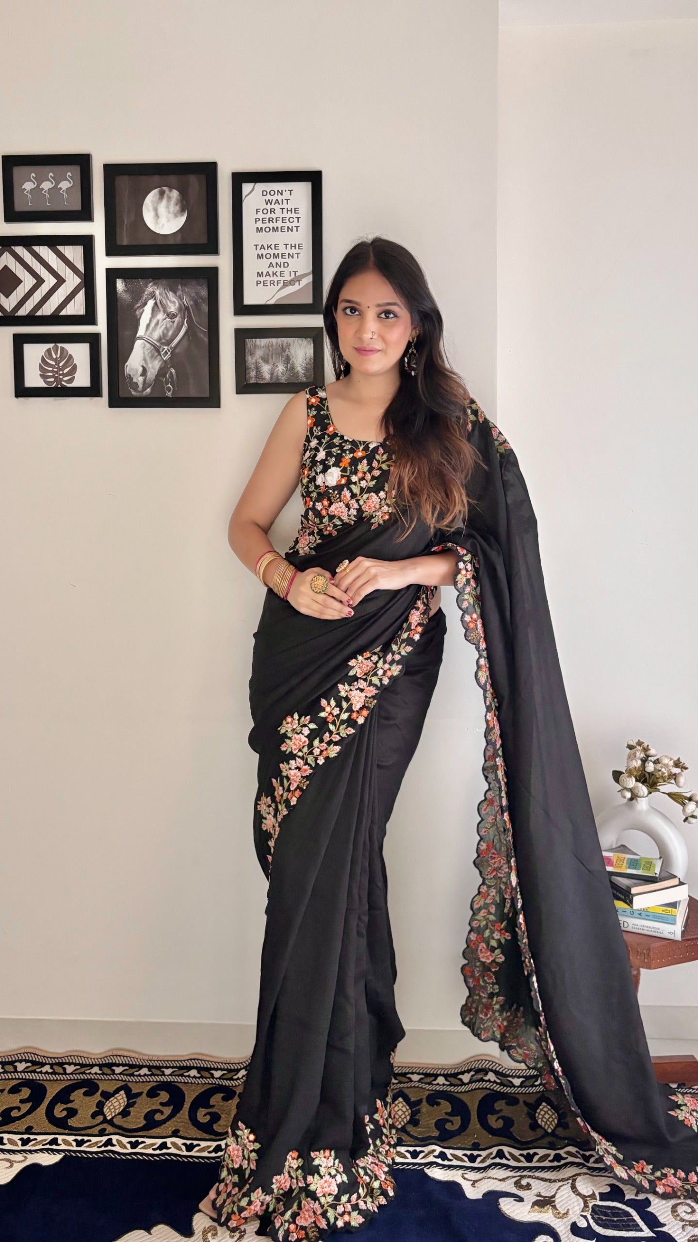 Stylish Embroidery With Seqwance Work Black Saree With Blouse Piece