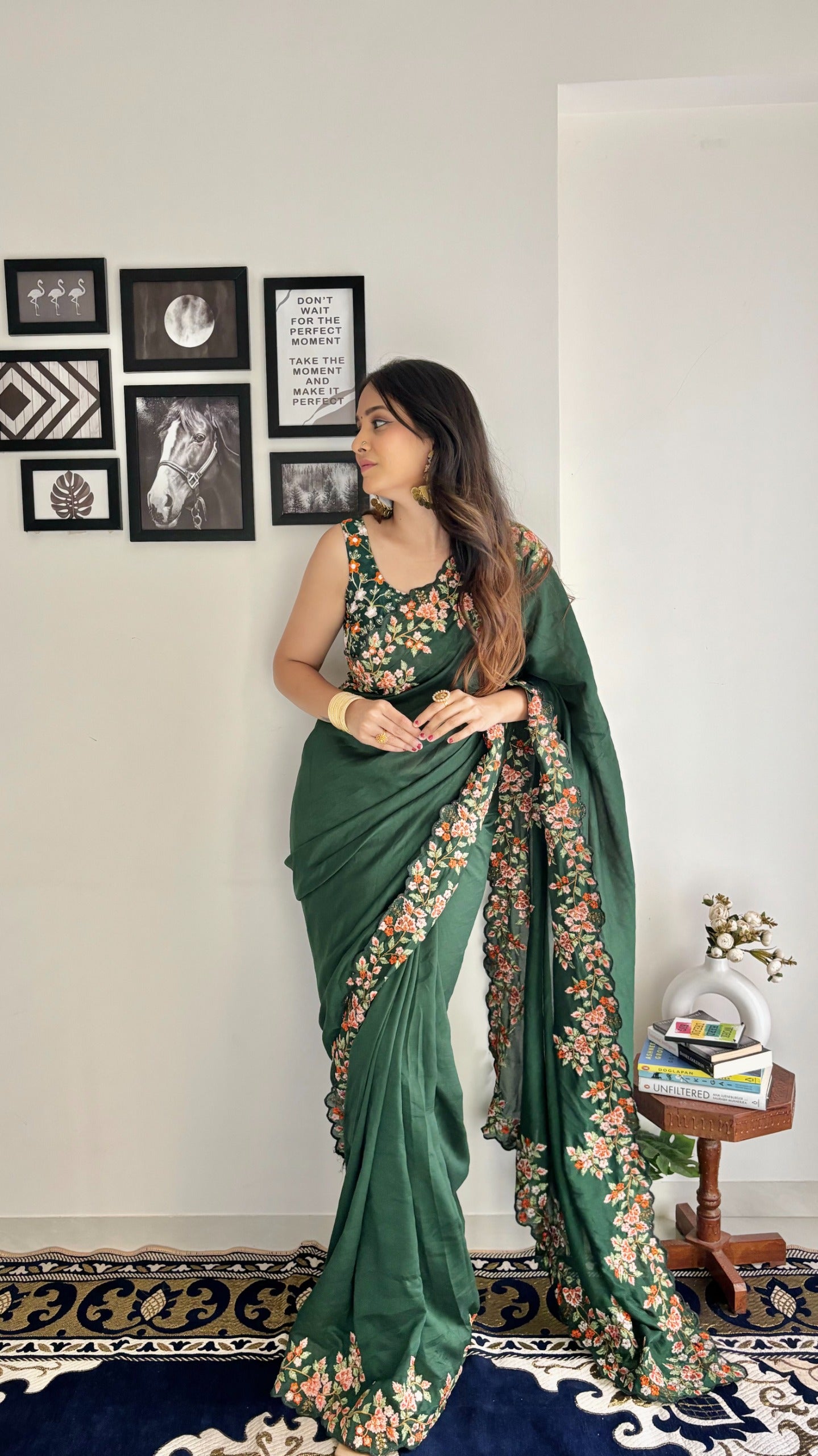 Stylish Embroidery With Seqwance Work Green Saree With Blouse Piece