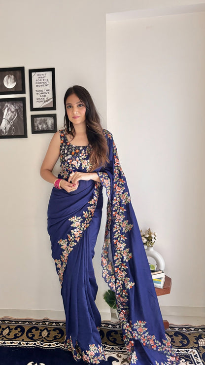 Stylish Embroidery With Seqwance Work Blue Saree With Blouse Piece