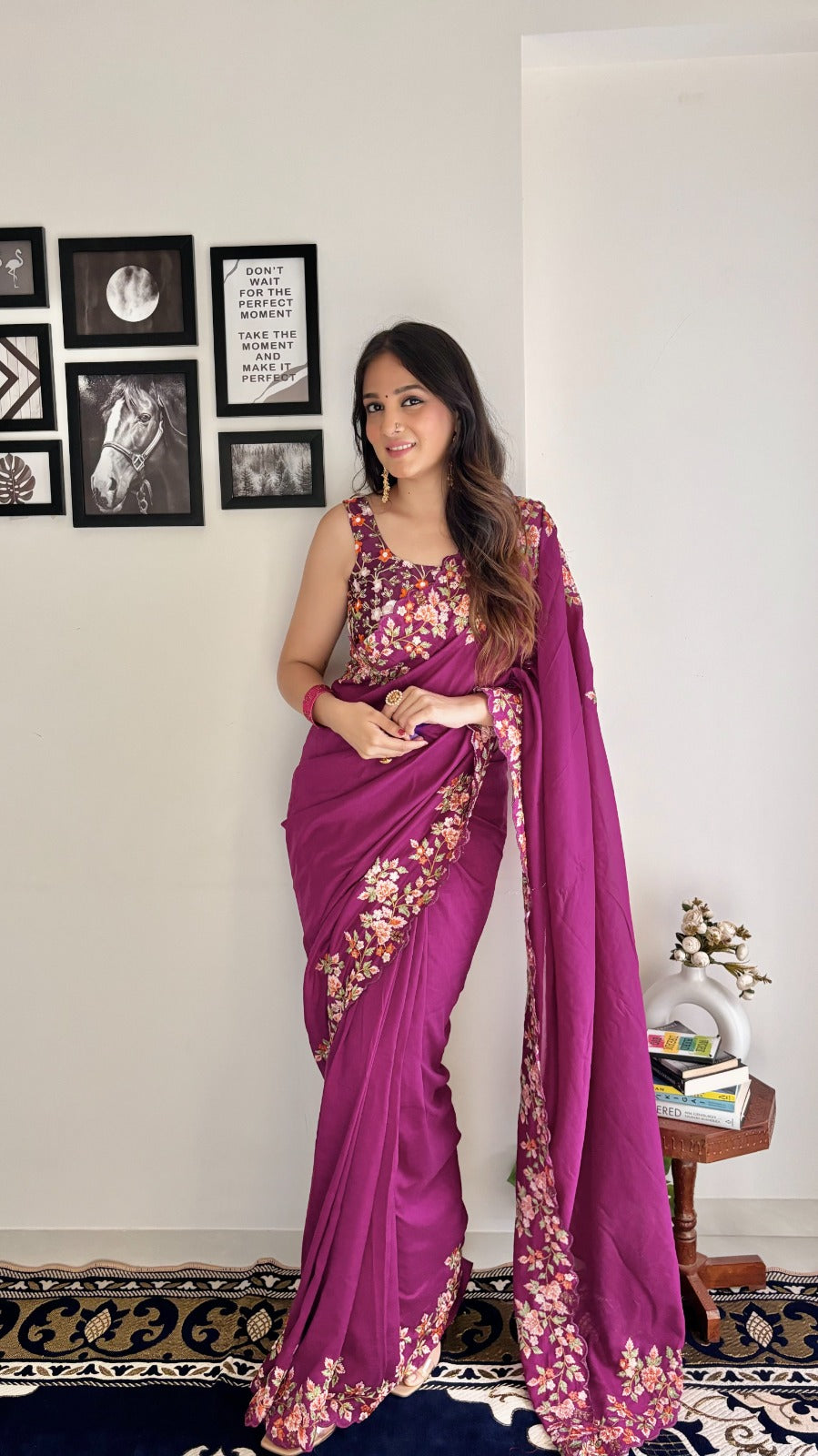 Stylish Embroidery With Seqwance Work Wine Saree With Blouse Piece