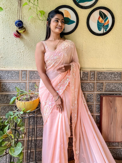 Adorning Design Peach Seqwance Work Saree With Blouse Piece