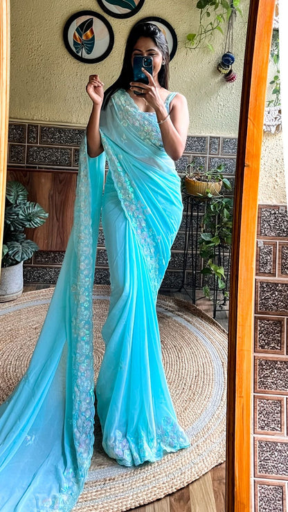 Adorning Design Sky Seqwance Work Saree With Blouse Piece