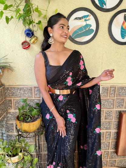 1 Min  Ready To Wear A Stylish Black Georgette With Seqwance Work Saree With Blouse Piece