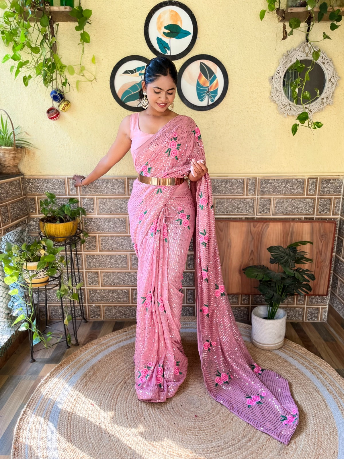 1 Min  Ready To Wear A Stylish Onion Georgette With Seqwance Work Saree With Blouse Piece