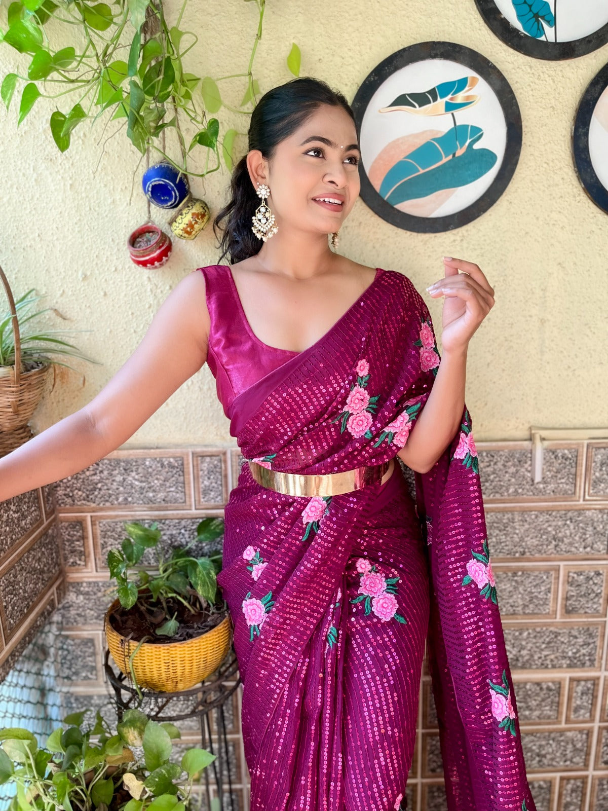 1 Min  Ready To Wear A Stylish Wine Georgette With Seqwance Work Saree With Blouse Piece