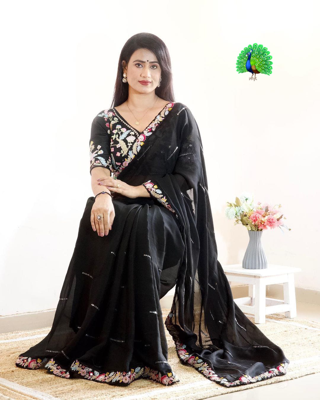 Blooming Black Chiffon With Embroidery Work Saree With Blouse