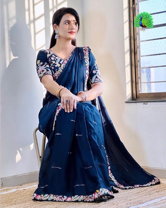 Blooming Blue Chiffon With Embroidery Work Saree With Blouse