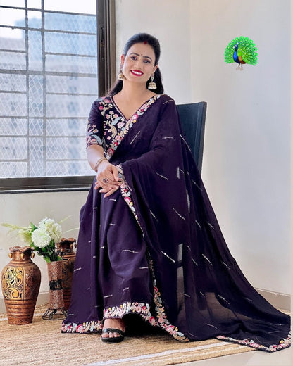 Blooming Dark Wine Chiffon With Embroidery Work Saree With Blouse