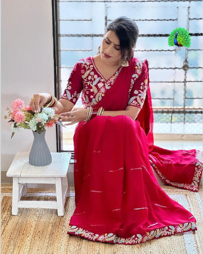 Blooming Red Chiffon With Embroidery Work Saree With Blouse