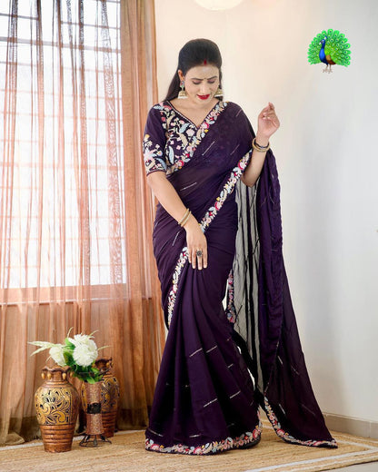 Blooming Dark Wine Chiffon With Embroidery Work Saree With Blouse