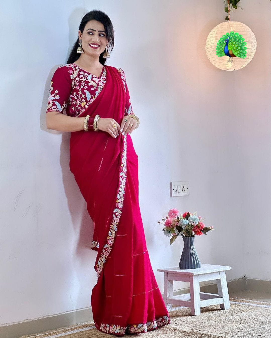 Blooming Red Chiffon With Embroidery Work Saree With Blouse